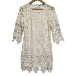 J Glee Dress Sz S Cream Floral Crochet Lace Overlay 3/4 Slv Lined Cottage Fairy